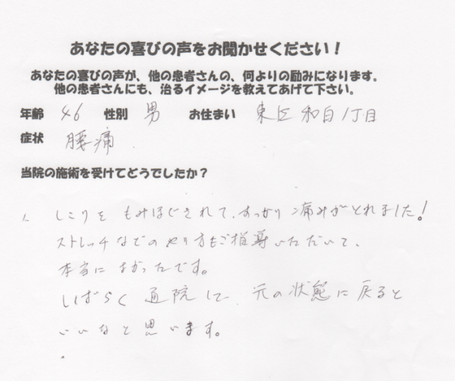 腰痛のアンケート 慢性の腰痛が整体で解消!